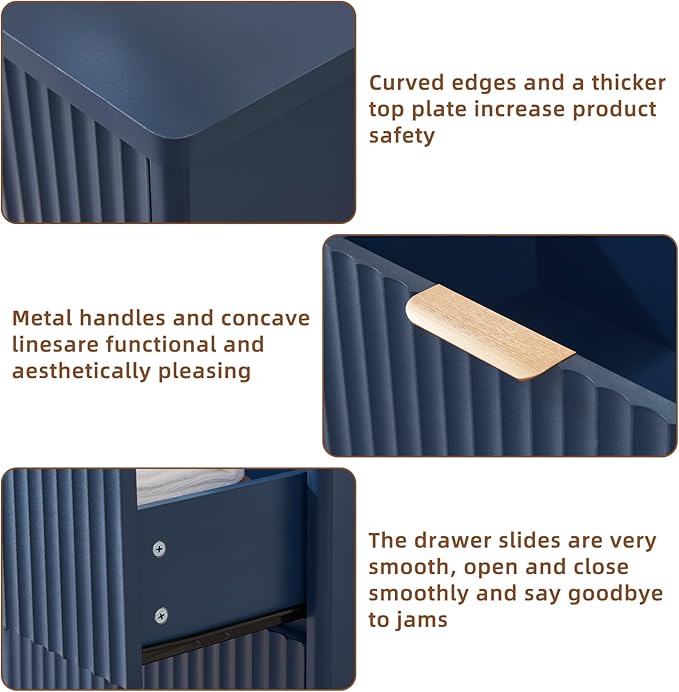 LEYAOYAO Fluted Dressers & Nightstand Set of 4, Wood 48" Wide Dresser & 42" Tall Chest of Drawers,Modern Bedroom Furniture Sets,Navy Blue Wooden Nightstand Set of 2 with 3 Drawers & Charging Station