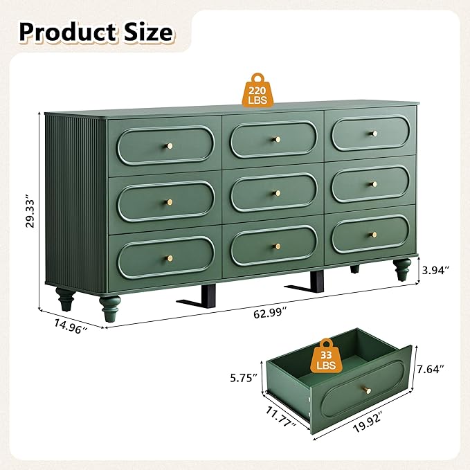 9 Drawer Fluted Dresser for Bedroom, Mid Century Modern Chest of Drawers, Wood Storage Small Dresser Organizer for Bedroom Living Room Hallway Closet, Green
