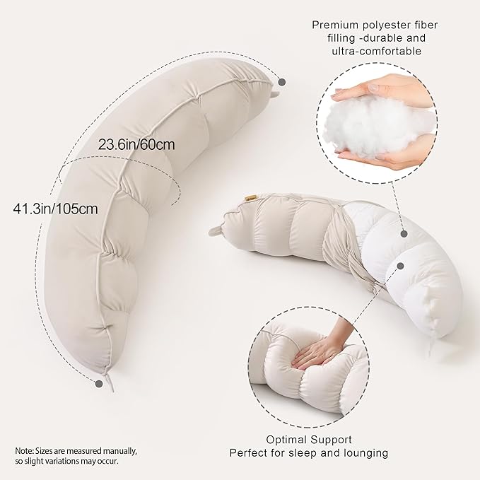 Peallow(Pat. Pend) – Long Round Body Pillow for Adults, Bolster Pillow for Sleeping, Soft and Supportive Pillow for Sleeping & Lumbar Support (Misty White, 29.5")