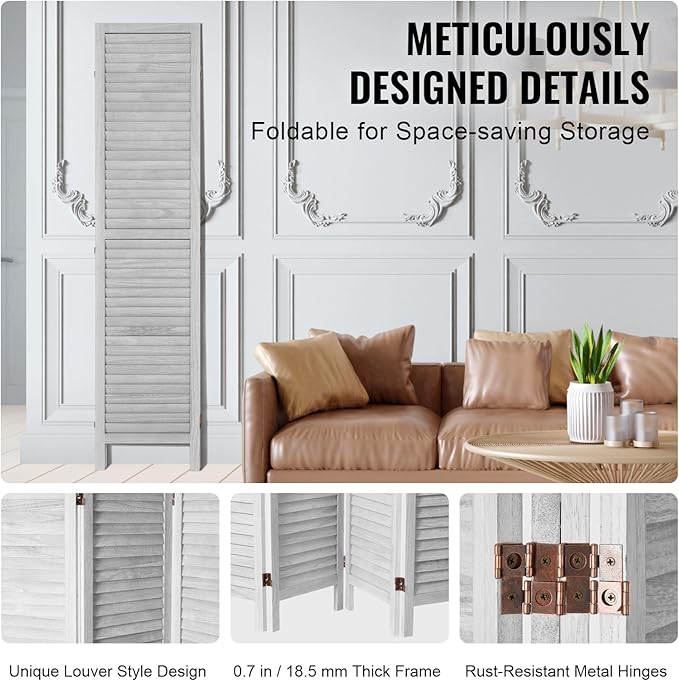 VEVOR Wood Room Divider, 4 Panel Folding Privacy Screen, 66.9 Inches Tall Indoor Wooden Partition, Portable Decoration Screen, for Room Separation, Home, Office, Restaurant & Bedroom (Light Grey)