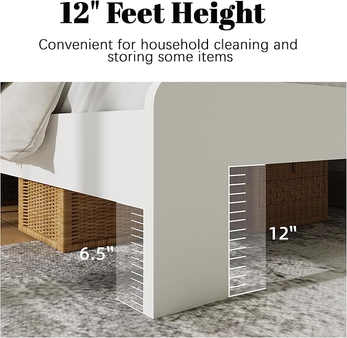 King Size Farmhouse Wooden Bed Frame with Headboard, Boho Platform Bedframe Sturdy Metal Slats Support, Spring Needed, Noisy Free, Easy Assembly (King, White)
