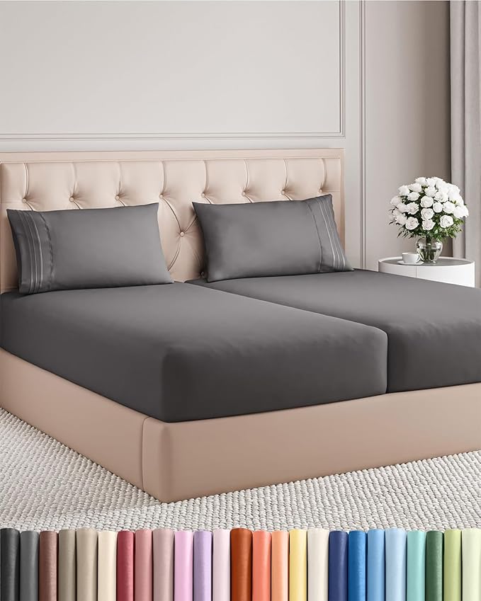 Split King Size 5 Piece Sheet Set - Comfy Breathable & Cooling Bed Sheets Set - Hotel Luxury Bedding for Women, Men, Kids, Teens, Boys & Girls - Deep Pockets, Soft, Wrinkle Free - Oeko-Tex - Dark Grey