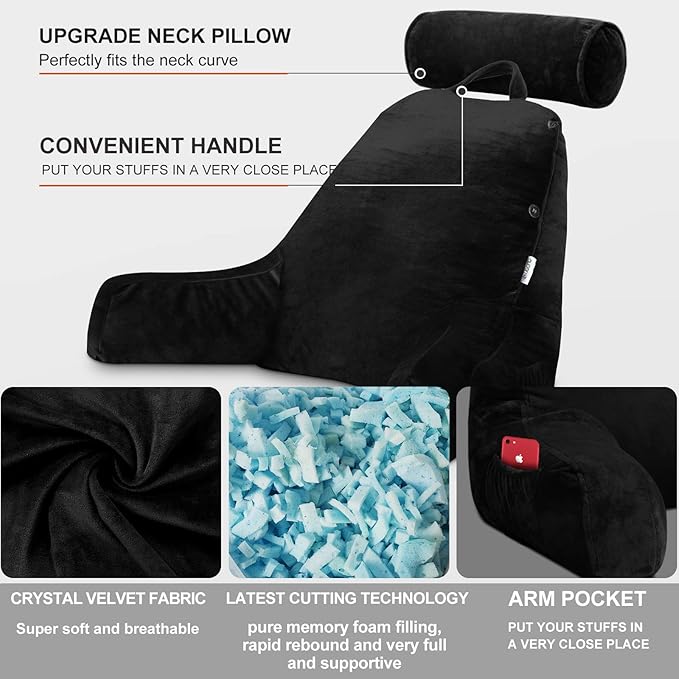 mittaGonG Reading Pillow for Sitting in Bed Adult with Detachable Neck Roll & Big Backrest Pillow for Bed Sitting up with Arms Side Pocket Shredded Foam Large Back Chair Pillow with Washable Cover