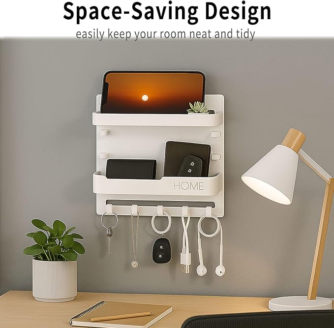 Bedside Wall Shelf Organizer with 5 Hooks & Cable Clips, Plastic Adhesive Wall Mount Storage Rack for Phone, Remote, Earphones, Kindle, Bedroom, Dorm, RV (Clear)