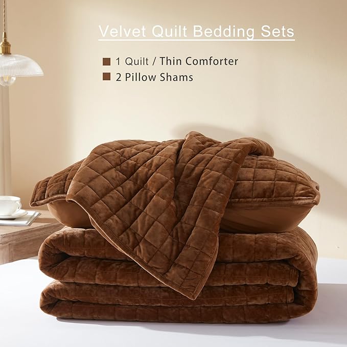LEAONME Velvet Quilt Oversized California King-120''x120'', Lightweight Caramel Velvet Comforter Set with 2 Pillow Shams, Oversized Bedspread Coverlet Quilted Bedding Set for All Season