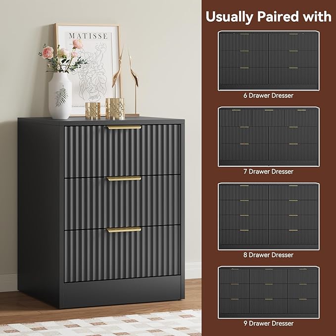 9 Drawer Black Dresser & Nightstand Set 3-Piece - 63” Long Fluted Dresser Set Night Stand Set of 2 with Metal Handle, Modern Wood Chest of Drawers Storage Dressers Set for Bedroom, Black
