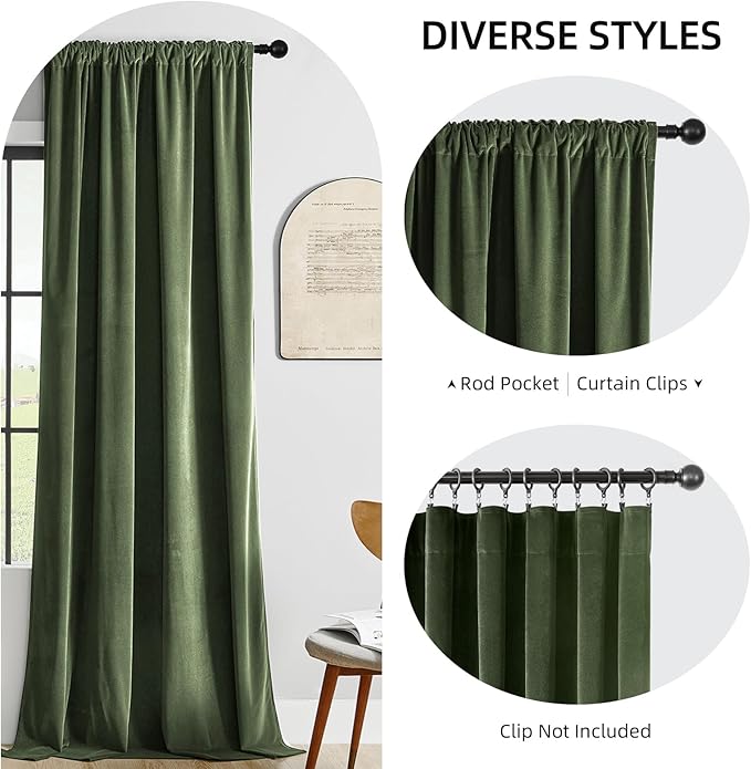 Joydeco Customized Velvet Curtains for Bedroom & Living Room, Heavy Duty Luxury Thermal Insulated Olive Green Velvet Curtains Rod Pocket 1 Panel, Custom Size