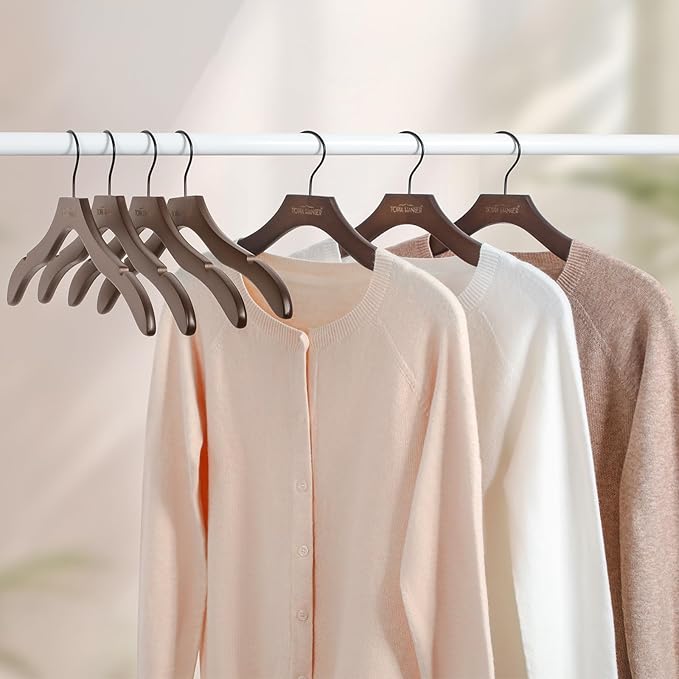 TOPIA HANGER Wooden Coat Hangers 12 Pack, Premium Wood Suit Sweater No Shoulder Bump Hangers, 360° Swivel Hook and Cut Notches Clothes Hangers for Sweater, Hoodie, Shirts, Jacket, Dress, Walnut CT84WA