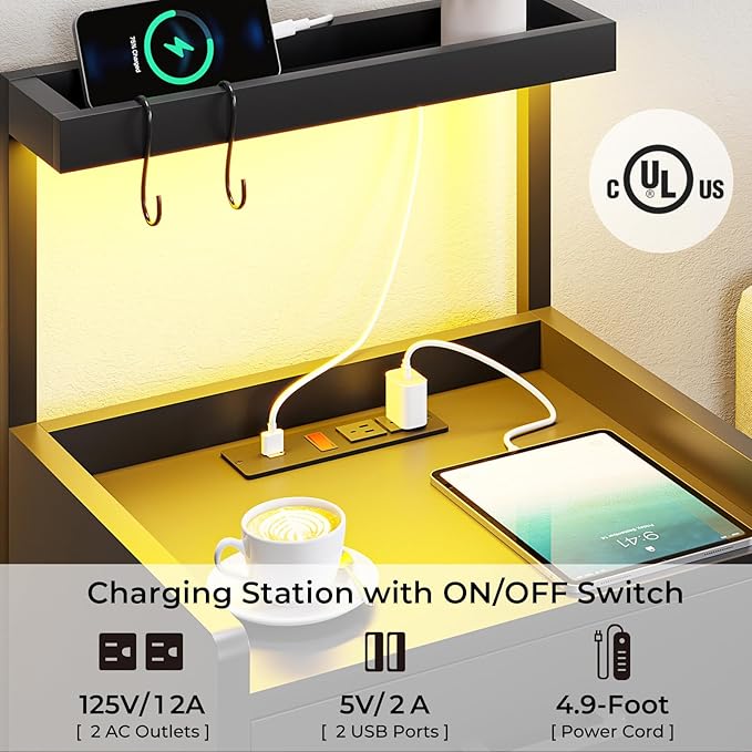 VIAGDO Nightstand with Charging Station and LED Lights, Black Bedside Night Stands with 2 Drawers and Open Storage Shelves, Modern End Side Tables for Bedroom,Office