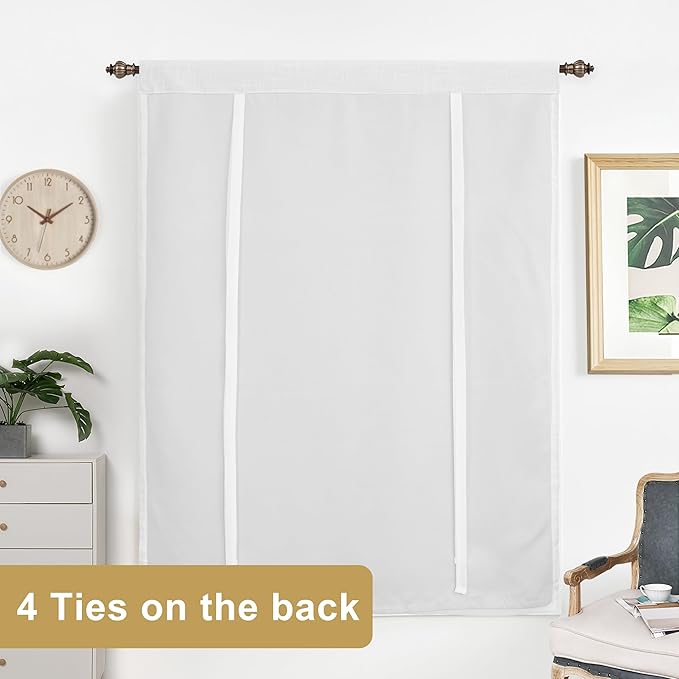 DriftAway Double Layer Linen Blackout Tie Up Curtains Thermal Insulated Fully Lined Balloon Roman Shade Bathroom Window Adjustable Rod Pocket for Small Window 45 Inch by 63 Inch White