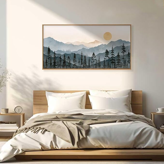 LHIUEM Boho Mountain Framed Canvas Wall Art Set,Forest Pine Tree Wall Decor,Nature Sunrise Wilderness Landscape Art Painting for Living Room,Bedroom,Dining Room,Office -20"x40"x1
