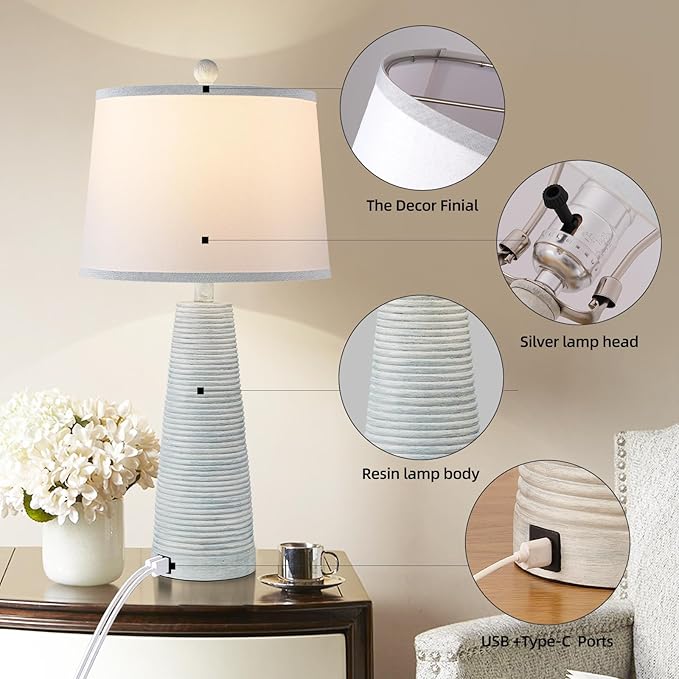 Terpsichore Nightstand Lamp Desk Lamp Vintage Bedside Lamps Set of 2 Rustic Farmhouse Table Lamps 3 Way Dimmable Light,Suitable for Living Room Bedroom,with Linen Shade LED Bulb,USB A+C Port