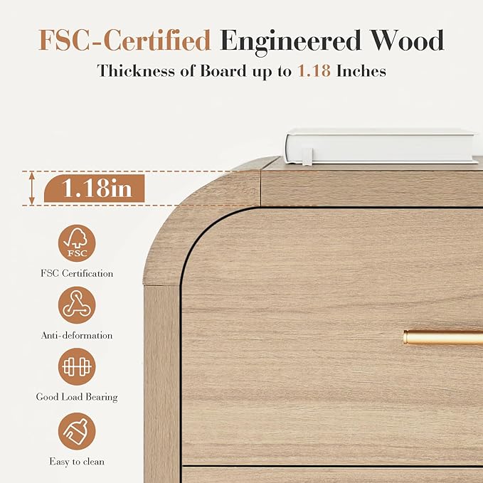 Night Stand [Unique Curved Profile] [FSC-Certified Wooden Board] 2-Drawer Nightstand 24" H Metal Handle Modern Sturdy Bedside Table Side Table End Table