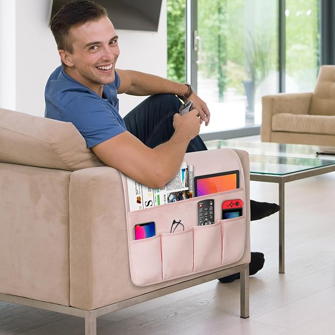 WETRBWEH Remote Control Holder for Armchair，Couch Caddy Organizer TV Remote Holder for Bed Storage 5 Pockets，Remote Caddy Bedside Organizer Bedside Table Organizer (Pink, 35''x18'')
