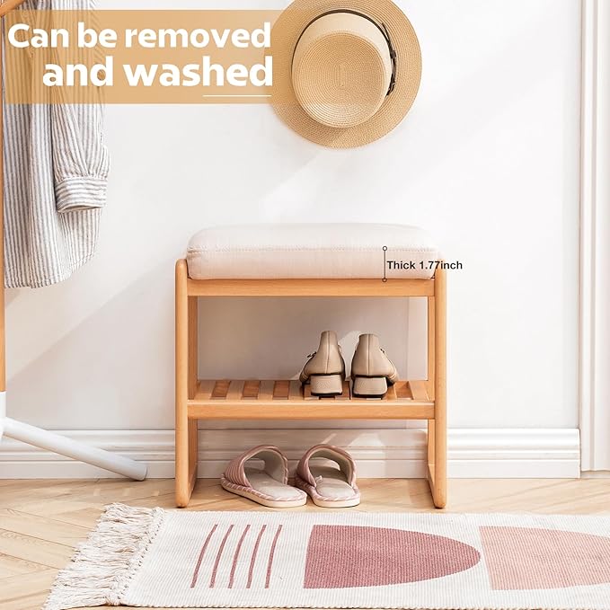 Solid Wood Shoe Bench, Shoe Rack Bench Assembled with Cushion for Entryway, Hallway, Bedroom, Living Room, Beech Wood, 11.8" x 23.6" x 16.5", Natural