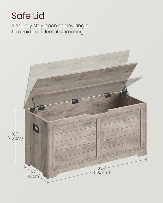 VASAGLE Storage Chest, Storage Bench with 2 Safety Hinges, Farmhouse Style, 15.7 x 39.4 x 18.1 Inches, for Entryway, Bedroom, Living Room, Heather Greige ULSB061K02