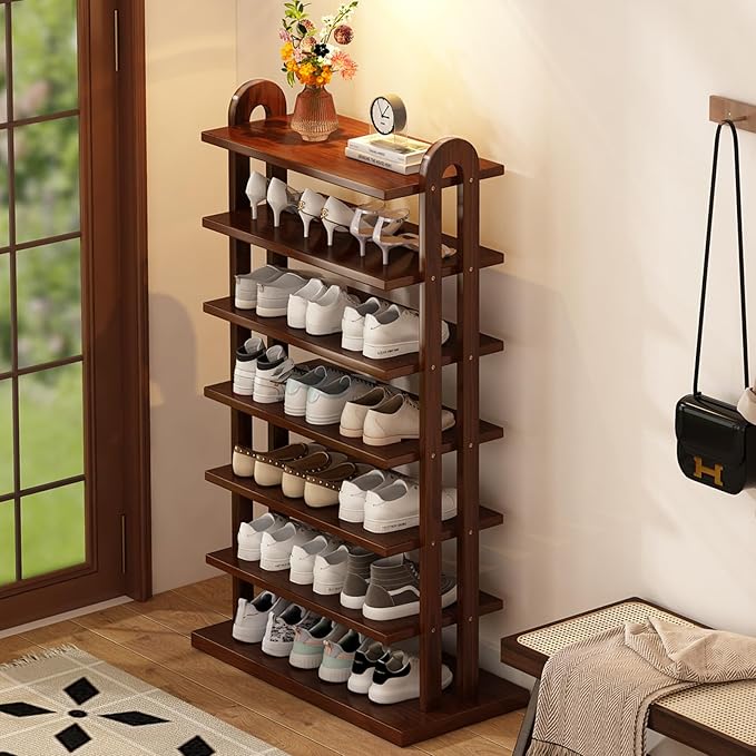 7 Tier Shoe Rack Solid Wood Shoe Organizer for Closet Free Standing Shoe Cabinet Shoe Storage Shelf for entryway, Closet and Doorway, Walnut