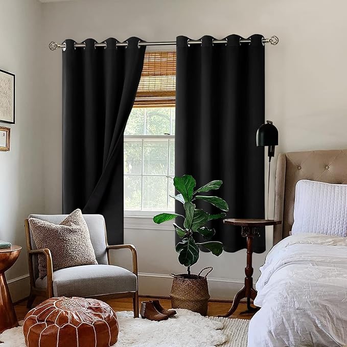 BGment Thermal Insulated 100% Blackout Curtains for Bedroom with Black Liner, Double Layer Full Room Darkening Noise Reducing Grommet Curtain (52 x 63 Inch, Black, 2 Panels)