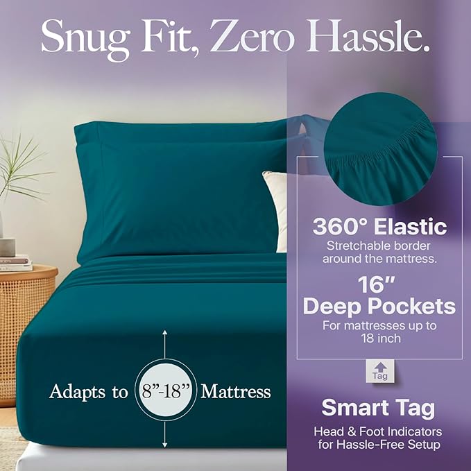 Carressa Linen 100% Egyptian Cotton Twin Sheets Set - 600 Thread Count Egyptian Cotton Luxury Twin Sheets (3 PC, Peacock Teal), 16" Deep Pocket, Soft, Cooling, Sateen Weave College Dorm Room Bedding