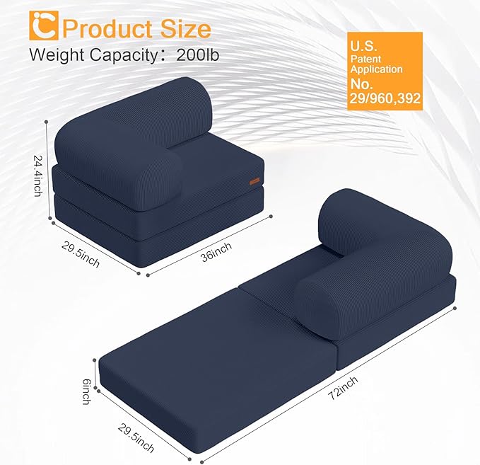 COMAX Folding Sofa Bed, Fold Out Chair Bed, Foldable Sofa, Convertible Sleeper for Adults, Futon Chair Single Small Floor Couch for Spaces, Bedroom Living Room Guest Room, Navy Blue