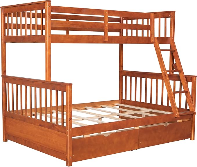 Merax Wood Bunk Bed with Drawers,Convertible Wood Bunk Bed with Ladders and Two Storage Drawers,Solid Wood Detachable Bed Frame with Ladders,Twin Over Full Size,Walnut