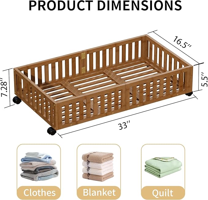 Bamboo Under Bed Storage with Wheels,Rolling Underbed Shoe Organizer Box for Shoes,Blankets,Toys,Clothes Container Space-Saving Bins for Bedroom,Closet,Dorm,Nursery
