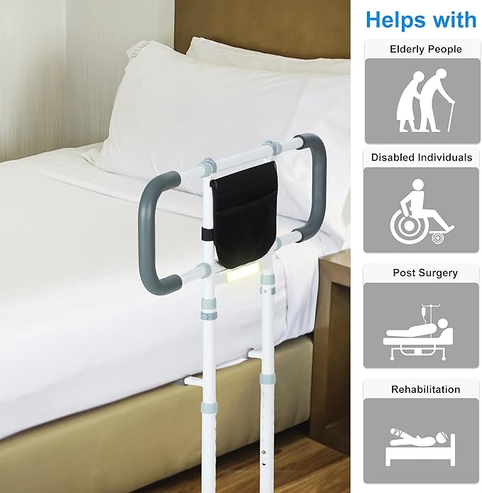 Bed Rails for Elderly Adults Safety - Elderly Assistance Products, Bedrails for Rlderly Adults Grab Bar Bed Handrails, Bed Rail with Pocket, Motion Sensor Light Fits King, Queen, Full, Twin (White)