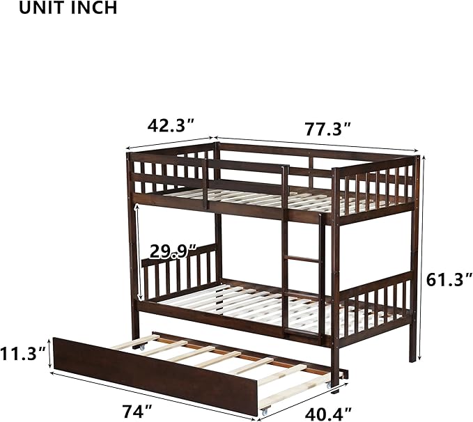 Bellemave Twin Over Twin Bunk Bed with Trundle,Convertible Bunk Beds with Ladder & Safety Guardrails,Twin Size Bunk Beds for Kids Girls Boys,Espresso