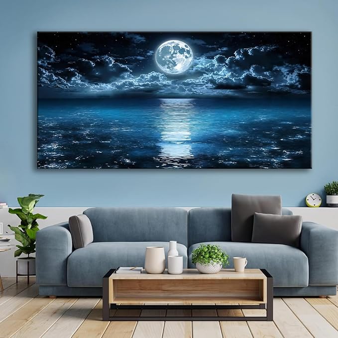 Huaaliunn Big Moon Canvas Wall Art - Modern Seascape Paintings for Living Room, Bedroom Wall Decor, Art for Home or Office Decoration, Large Wall Art 71"x36"