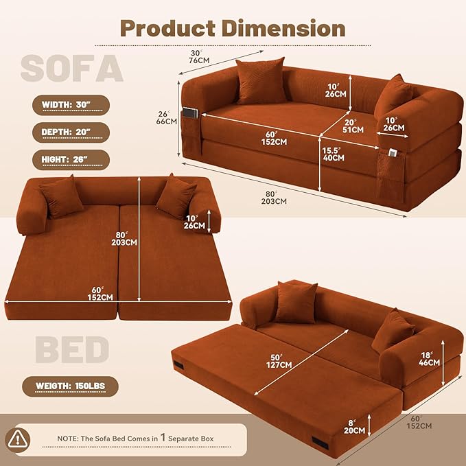 Convertible Sleeper Sofa Bed,80" Futon Sofa Bed Queen with Storage,Corduroy Pull Out Couch with Bed,Boneless Couches for Living Room,Compressed Couch in a Box,Orange
