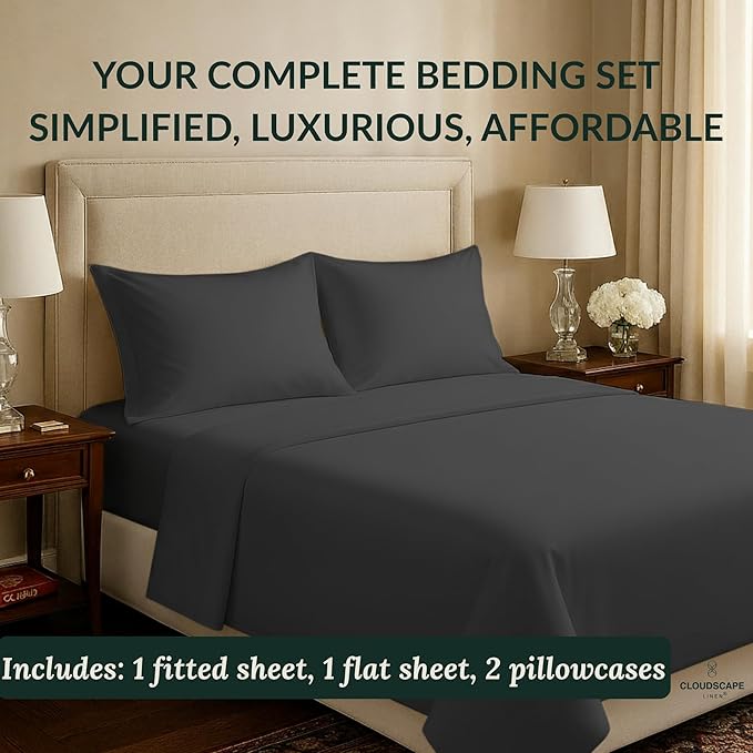 Cloud Scape Linen 100% Egyptian Cotton California King Sheet Set, 400 Thread Count,4 Pieces Luxury Bedding Set, Hotel Quality, Silky Soft, Breathable and Durable, Deep Pockets up to 17, Charcoal