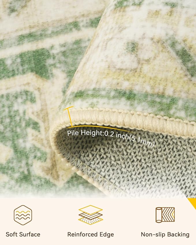 Area Rugs 2'x8' Washable Non-Slip, Floral Vintage Distress Print Pattern Medallion Carpet for Living Room Bedroom Dining Room, Sage Green Yellow