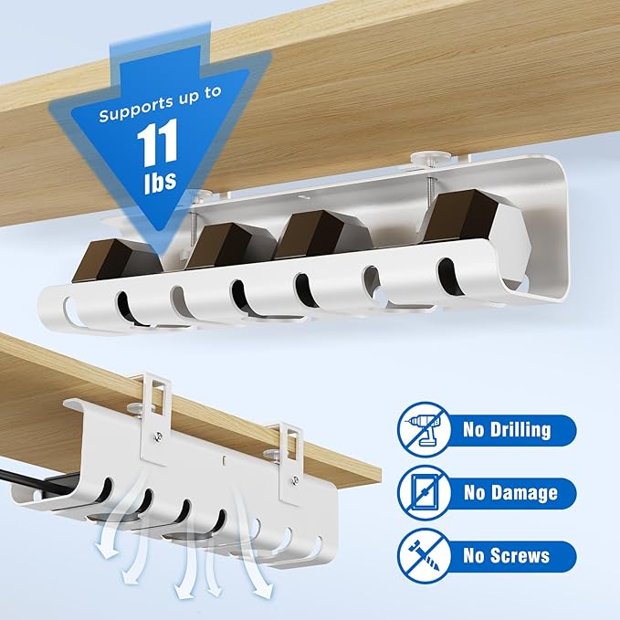 Under Desk Cable Management Tray No-Drill 2 Pack 16.9‘’ Wire Cord Organizers, Cable Management Under Desk for Home and Office No Damage White