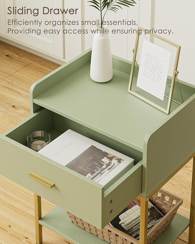 Masupu Nightstand,Bedside Table 3-Tier Modern Night Stand with Storage Drawer and Shelf,Small End Side Table for Bedroom,Living Room,Black (Without Outlet, Green)