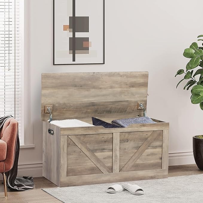 Timberer 39.4" Storage Chest, Wooden Storage Bench, Large Storage Trunk with 2 Safety Hinges, Entryway Shoes Bench for Living Room, Bedroom, Grey