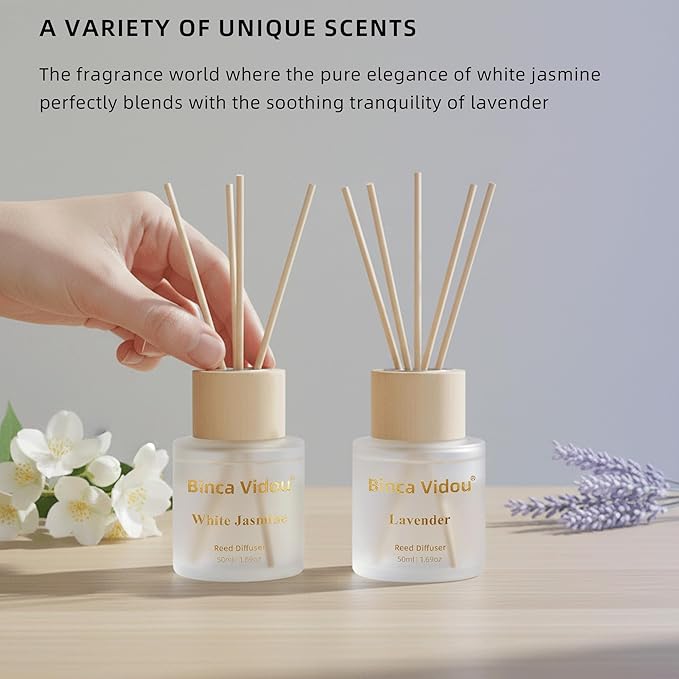 Reed Diffuser Set, Binca Vidou Lavender & White Jasmine Natural Scent Oil Diffusers with Sticks for Home Office Bathroom Aromatherapy Decor 1.69oz x 2