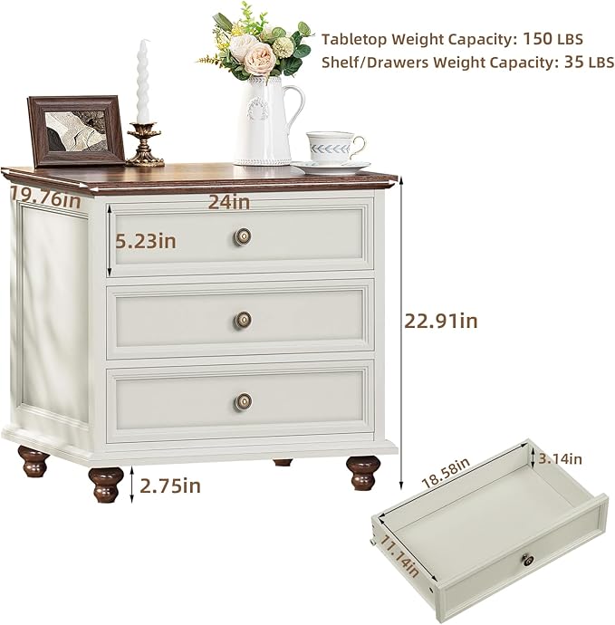24" Wide Farmhouse Night Stand,Large End Table with 3 Drawers & Metal Handle,Wood Dresser for Bedroom, White Bed Side Table Chest of Drawers Cabinet,Nightstand for Living Room,Closet