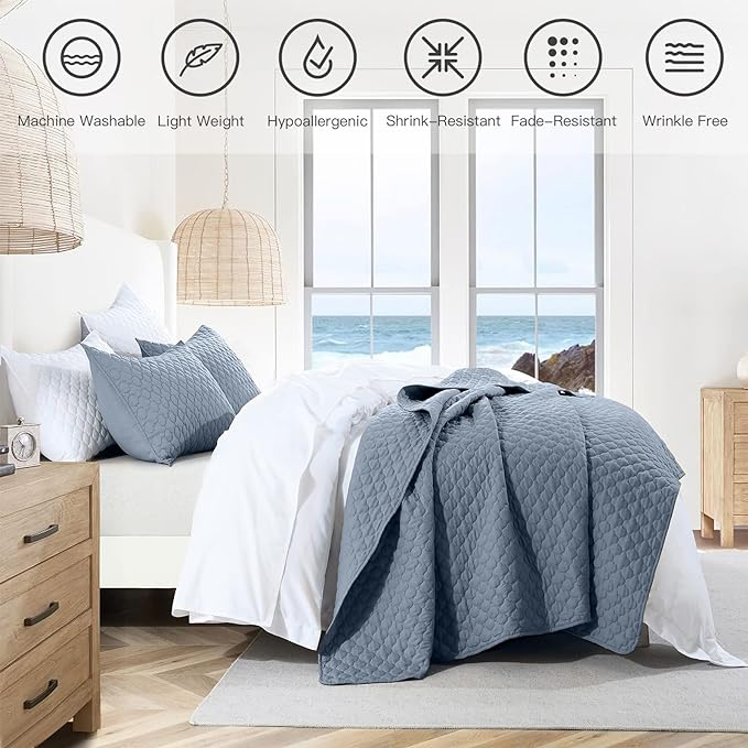 HORIMOTE HOME Quilt King Size Dusty Blue, Lightweight Quilt for Summer Ultra-Soft Microfiber Modern Style Quilted Clouds Pattern Bedspread Quit Set 3 Pieces(1 Quilt and 2 Pillow Shams)