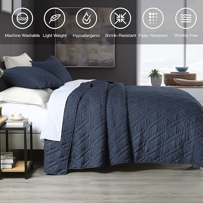 HORIMOTE HOME Quilt Set Twin Size Navy Blue, Classic Geometric Diamond Stitched Pattern, Ultra Soft Microfiber Lightweight Bedding Set Bedspread Coverlet for All Season with 1 Quilt 1 Pillow Sham