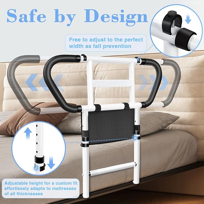 easymake Bed Rails for Elderly Adults Safety: Adjustable Bedside Assist Rails with Storage Pockets, Non-Slip Handles, Items for Elderly Bed Rail, 400LB Gravity Capacity