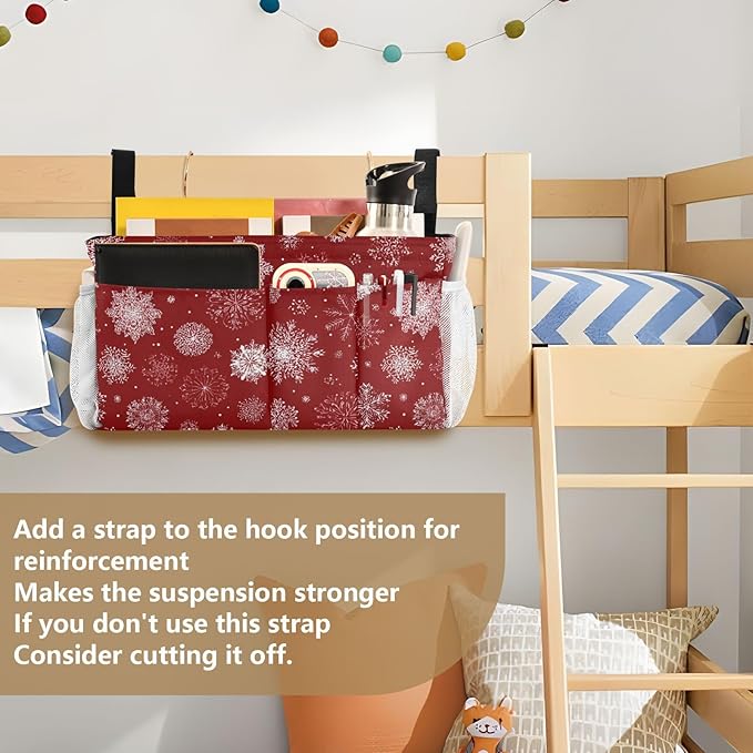 Bedside Caddy Hanging Bunk Bed Caddy Bed Organizer Hanging Pocket with 2 Hooks Bedside Storage Organizer Pocket Bag Holder Red Christmas Snowflakes
