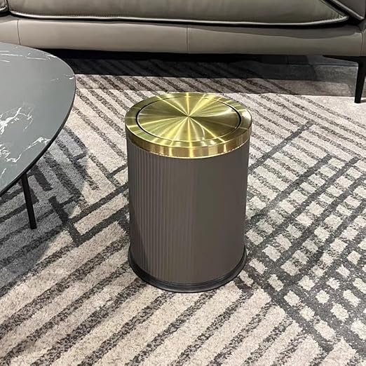 4 Gallon / 15L Trash Can Bathroom with Swing Lid, Grey Gold Garbage Can, Leather Modern, Large Office Waste Basket, for Bedroom, Kitchen, Powder Room, Hotel, Business(15L Grey)