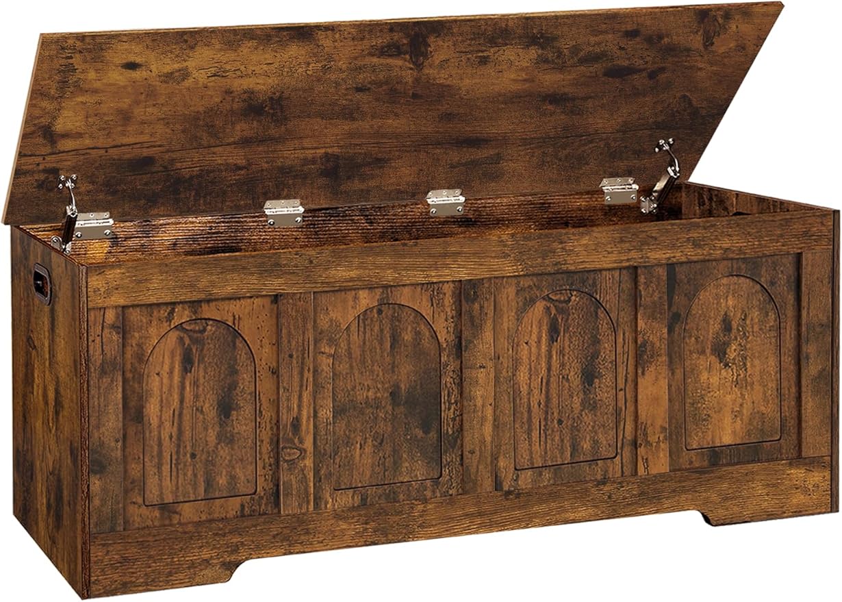 DINZI LVJ Storage Chest, 50” Extra Large Storage Bench with 2 Safety Hinges, Wooden Toy Box with Flip-Top, Large Trunk for Living Room, Playroom, Easy Assembly, Rustic Brown