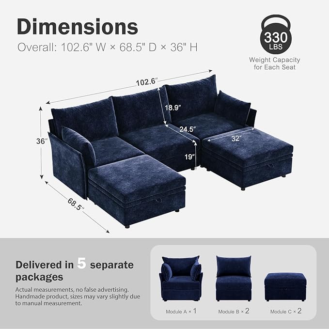 ABCASA 102.6" U Shaped Modular Sectional Sofa, 5 Seater Couch with Storage Ottoman Deep Seat and High Backrest with Removable Cover for Living Room, Apartment - Chenille Blue