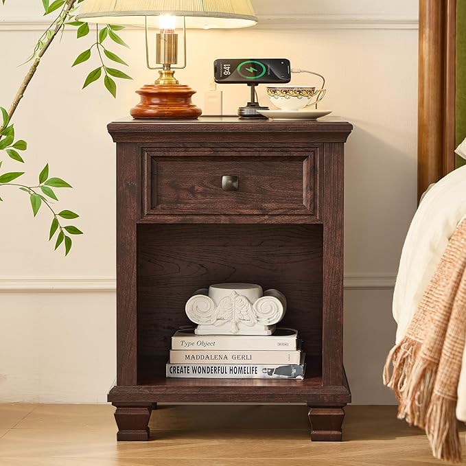 SAVOR LIFE Farmhouse End Tables Living Room Set of 2, Rustic Wood Nightstand with 1 Drawer, Brown Bedside Table with Open Shelf for Bed Room, Side Tables for Living Room, Walnut