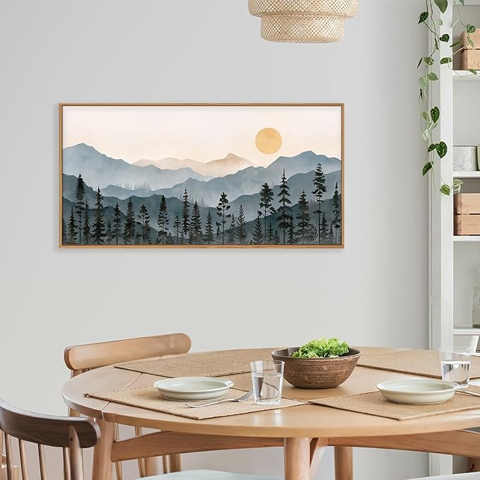 LHIUEM Boho Mountain Framed Canvas Wall Art Set,Forest Pine Tree Wall Decor,Nature Sunrise Wilderness Landscape Art Painting for Living Room,Bedroom,Dining Room,Office -20"x40"x1
