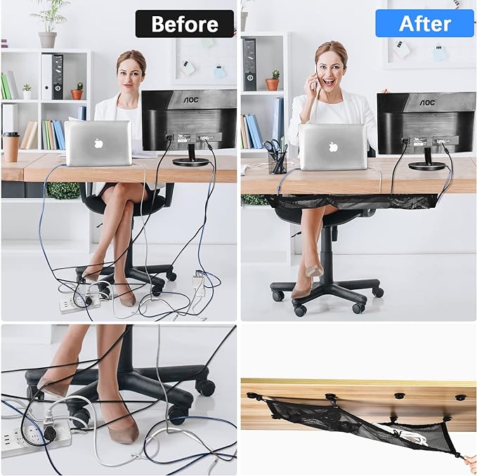 Cable Management Net Under Desk Kit,Privacy Mesh Cable Manager Flexible Under Desk Wire Net Large Capacity Cord Organizer Net for Office,Standing Desk, Home, 26 X 10 Inches