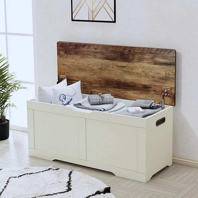 Timberer 39.4" Storage Chest, Wooden Storage Bench, Lift Top Toy Chest with 2 Safety Hinges, Large Toy Box, Entryway Bench for Living Room, Bedroom, Brown and Rustic White