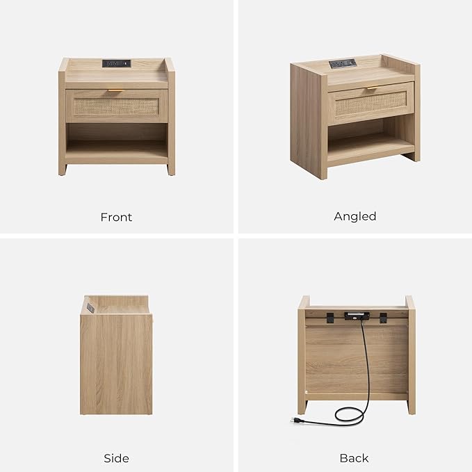SICOTAS Rattan Nightstand End Table - Boho Night Stand Bedside Table with Type-C Charging Station, Wicker Decor Drawer Storage Cabinet Night Stand for Bedroom - Light Oak