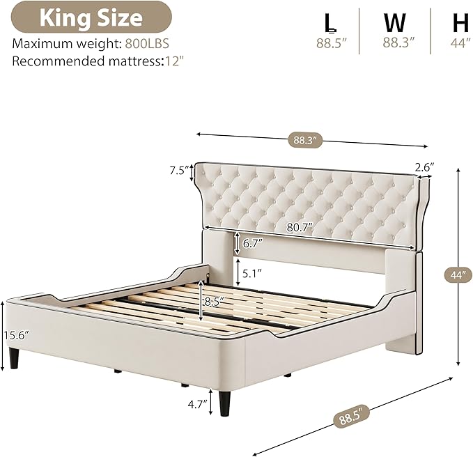 Christopher Knight Home Salus Linen Upholstered King Size Bed Frame with Headboard, Modern King Bed Frame and Headboard, Wooden Slats Support, Easy Assembly, No Box Spring Needed, Beige